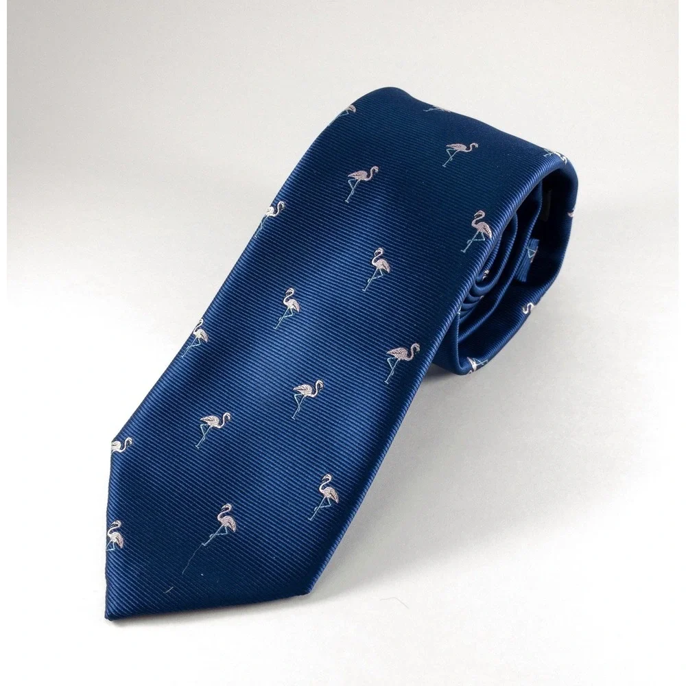 Banana Republic Silk Tie, Navy Repp Tie Embroidered Pink Flamingos, Modern 3x59